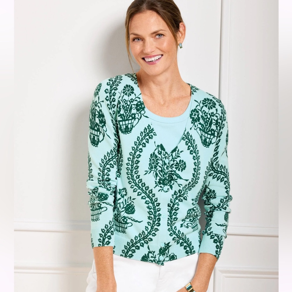 TALBOTS PS MINT GREEN FLORAL CARDIGAN BUTTON FRONT SWEATER NWT